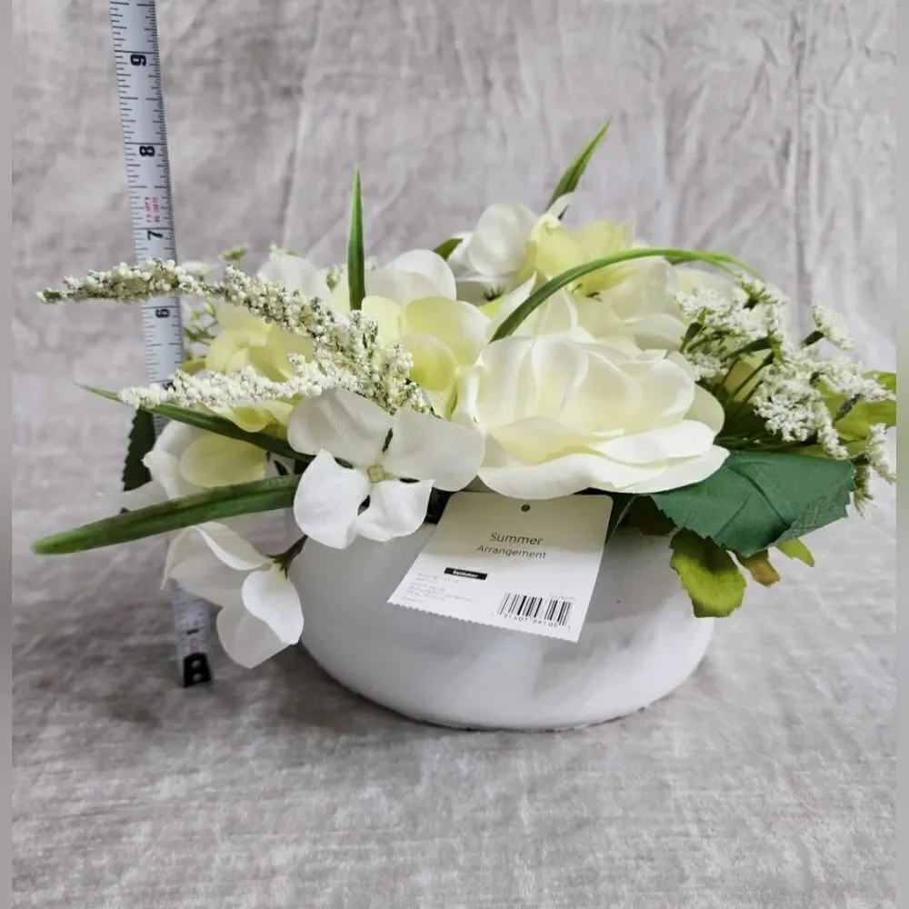 New Silk Ivory Rose and Hydrangeas Arrangement in Ivory Round Vase